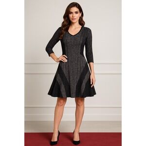 Nic and Zoe Sweater Dress Women S Black Gray Ribbed Knit Fit N Flare Winter Chic